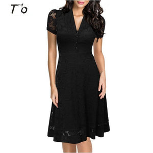 T'O Eu-US Cap Sleeve Crochet V Neck Front Button1950s Style Vintage Black Lace A-line Office Lady Work Party Elegant Dress 175