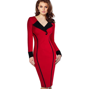 Professional Women Autumn Casual Work Business Office Colorblock Contrasting Long Sleeved Fitted Bodycon Pencil Dress EB355