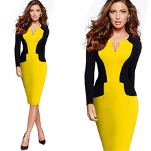 Professional Women Autumn Casual Work Business Elegant V Shaped Cutout Neckline Colorblock Contrasting Bodycon Dresses EB342