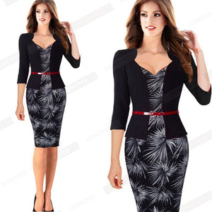 Women Autumn Elegant Formal Sheath Business Office Pencil Dress False Jacket With Belt One Piece Dresses B328