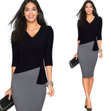 Women Casual Wear To Work Office Sheath Fitted Pencil Dress Autumn Elegant Classy V Neck Patchwork Bodycon Dresses EB333