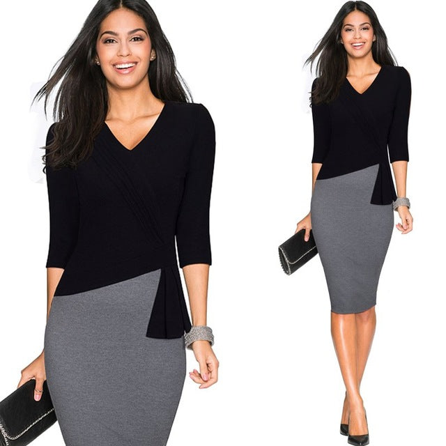 Women Casual Wear To Work Office Sheath Fitted Pencil Dress Autumn Elegant Classy V Neck Patchwork Bodycon Dresses EB333