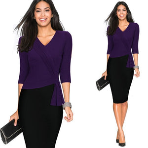 Women Casual Wear To Work Office Sheath Fitted Pencil Dress Autumn Elegant Classy V Neck Patchwork Bodycon Dresses EB333