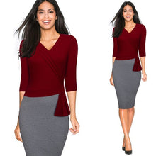 Women Casual Wear To Work Office Sheath Fitted Pencil Dress Autumn Elegant Classy V Neck Patchwork Bodycon Dresses EB333