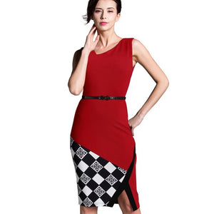 Summer Women Formal Work Knee-Length Belted Black Grid Casual Office Business Bodycon Elegant Pencil Dresses B290