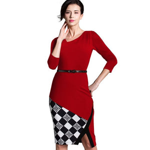 Summer Women Formal Work Knee-Length Belted Black Grid Casual Office Business Bodycon Elegant Pencil Dresses B290