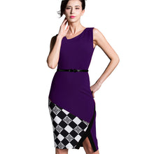 Summer Women Formal Work Knee-Length Belted Black Grid Casual Office Business Bodycon Elegant Pencil Dresses B290