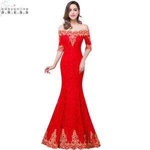 Hot Sale Gold Lace Appliques Red Mermaid Prom Dresses Long 2017 Cheap Lace Half Sleeve Prom Dress Vestido de Festa Longo