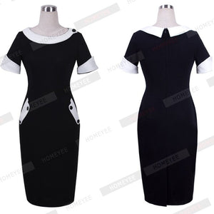 Plus Size Womens Casual Short Sleeve Solid Buttons Bodycon Dresses Elegant Office Ladies Round Neck Pencil Dress With Pocket 832