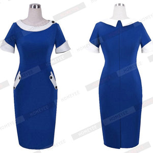 Plus Size Womens Casual Short Sleeve Solid Buttons Bodycon Dresses Elegant Office Ladies Round Neck Pencil Dress With Pocket 832