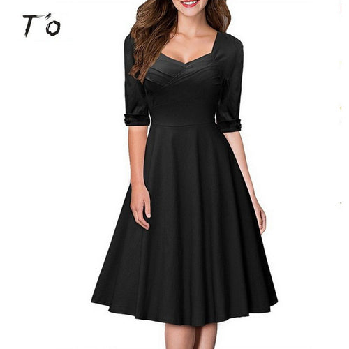 T'O Lady Autumn Winter Elegant Solid Ruched Neck Half Sleeve Button Work Business Party Bodycon A Line Tunic Swing Dress 199