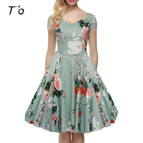 T'O High Quality 1950s 50s 60s Vintage Rockabilly Floral V-Neck Tunic Short Sleeve A-Line Green Prom Party Swing Dresses 216