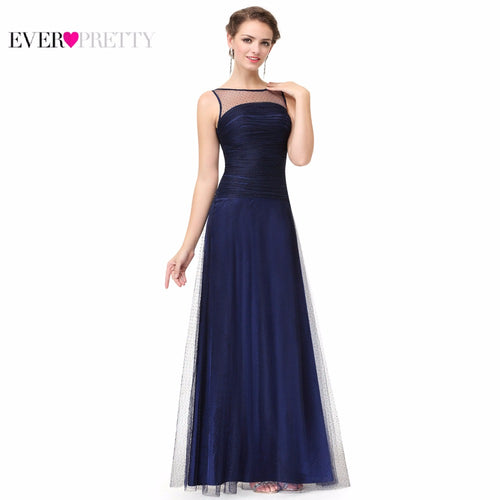 Navy Blue Sleeveless Floor Length Evening Dress with Illusion Neckline Ever Pretty EP08882 A-line Formal Evening Dress