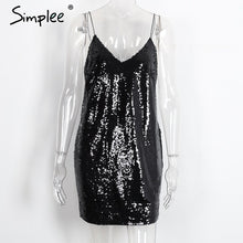 Simplee Backless deep v sequin sexy dress Women black party luxury sundress short dress Autumn strap mini dress vestidos camis