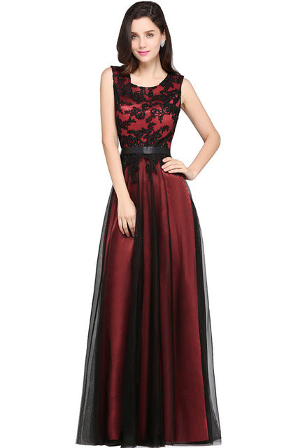 Robe de Soiree Longue Elegant Black Lace Red Evening Dress 2017 Long Cheap Appliques Chiffon Evening Gown Vestido de Festa