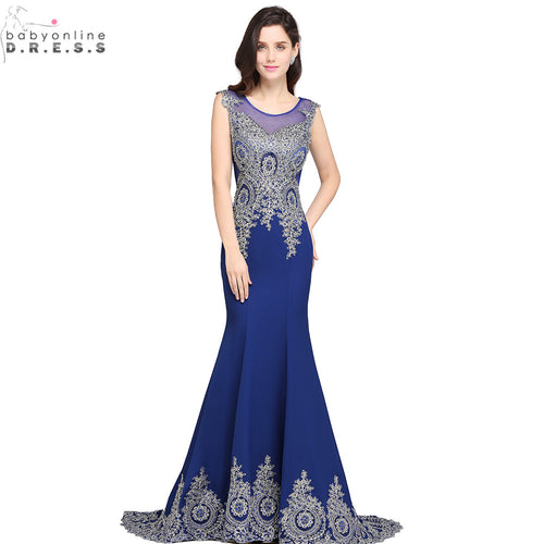 Robe de Soiree Longue Cheap Beaded Lace Mermaid Royal Blue Evening Dress Long 2017 Sexy Sheer Back Evening Gown Vestido de Festa