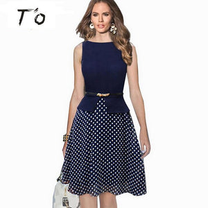 T'O Summer Polka Dot Flare A-Line Sleeveless Belted Chiffon Patchwork Tunic Elegant Work Office Party Fit Vintage Dress 88