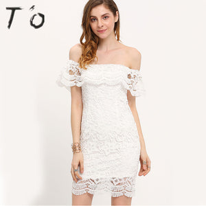 T'O Woman Sexy Off Shoulder Slash Neck Crochet Lace White Color Lotus Sleeve Clubwear Night Club Party Evening Mini Dress 536