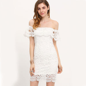 T'O Woman Sexy Off Shoulder Slash Neck Crochet Lace White Color Lotus Sleeve Clubwear Night Club Party Evening Mini Dress 536