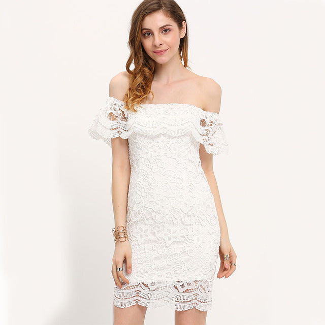 T'O Woman Sexy Off Shoulder Slash Neck Crochet Lace White Color Lotus Sleeve Clubwear Night Club Party Evening Mini Dress 536