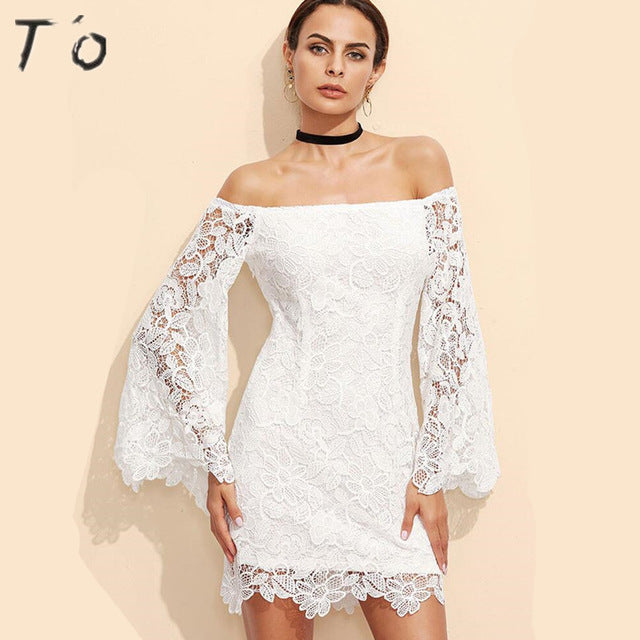 T'O Crochet Lace White Sexy Dress Slash Neck Off Shoulder See Through Flared Long Sleeve Party Night Club Vestidos Dresses 522
