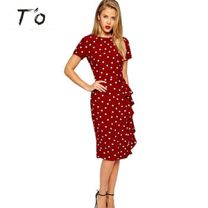 T'O 2016 Elegant Vintage Polka Dot Slim Frill Large Size Professional Tunic dress Office Work Business Bodycon Sheath Dress 135