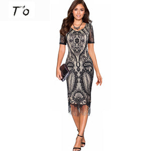 T'O Lady Sexy Elegant Floral Crochet Hollow Out Lace Chic Fashion Club Evening Party Sheath Fitted Bodycon Tassel Dress 479