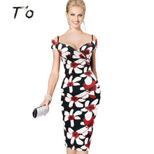 T'O 2016 Elegant Lady Sexy V-Neck Off Shoulder Floral Print Strap Casual Party Club Evening Formal Bodycon Wiggle Midi Dress 123