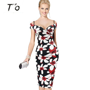 T'O 2016 Elegant Lady Sexy V-Neck Off Shoulder Floral Print Strap Casual Party Club Evening Formal Bodycon Wiggle Midi Dress 123