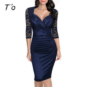 T'O Woman Autumn Elegant See Through Lace 3/4 Sleeve Ladylike Sexy V Neck Ruched Party Evening Sheath Vestidos Bodycon Dress 431