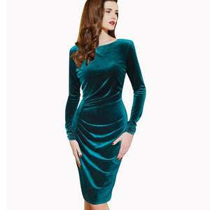Women Winter Graceful Long Sleeve Velvet Ruched 4XL Formal Casual Office Prom Party Stretch Bodycon Fitted Warm Dress 50