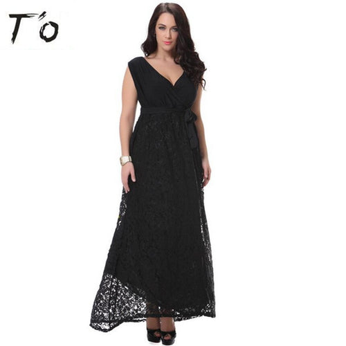 T'O Sexy V Neck Waist Ties Lace Black Dress Plus Size 5XL 6XL 7XL 8XL Sleeveless Evening Party Club Casual Maxi Long Dress 398