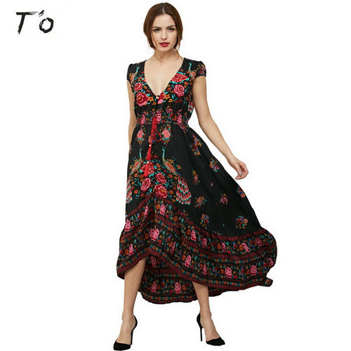 T'O Spring Summer Woman S-XXL Chiffon Peacock Bohemian Chic Deep V Neck High Waist Tunic Tassel Maxi Floor Length Long Dress 500