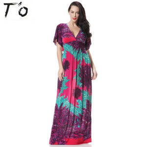 T'O Ice Silk V Neck Bohemian Plus Size Dress 4xl 5xl 6xl Summer Print Tunic Soft Skin Care Holidays Maxi Beach Long Dresses 403