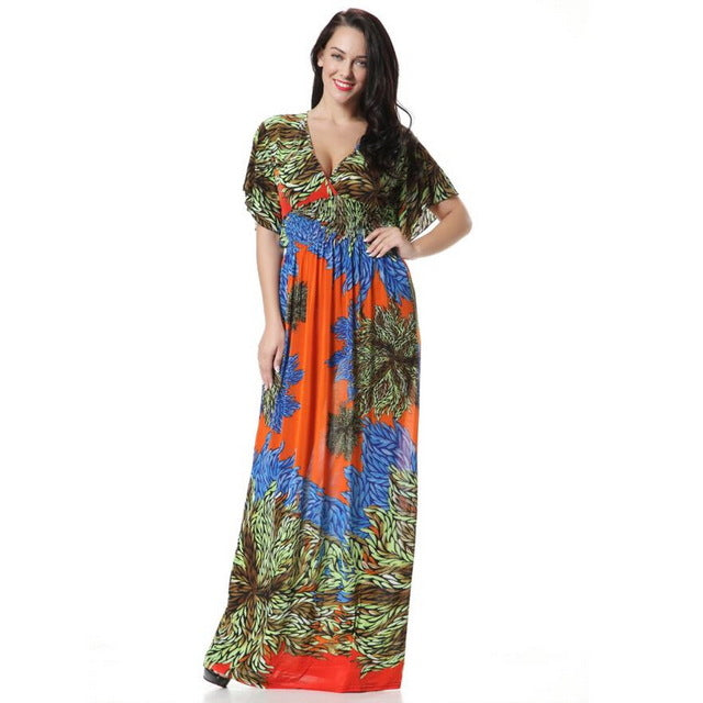 T'O Ice Silk V Neck Bohemian Plus Size Dress 4xl 5xl 6xl Summer Print Tunic Soft Skin Care Holidays Maxi Beach Long Dresses 403