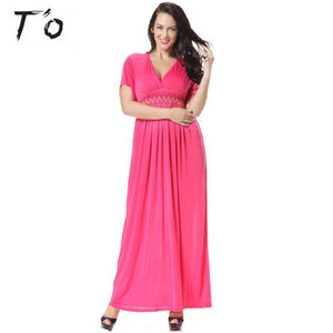 T'O Sexy V Neck Summer Bohemian Long Dress Loose Plus Size 5xl 6xl 7xl Boho Chic Solid Pink/Blue Tunic Maxi Floor Dresses 400