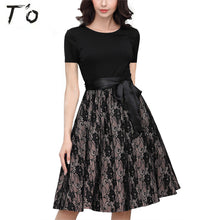 T'O 2017 Summer New Elegant Woman Lace Dress O Neck Short Sleeve Tunic Waist Ties Office Lady Work Party Pleated Swing Dress 657