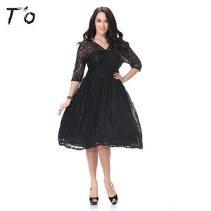 T'O Summer Plus Size Lace Dress Elegant 3/4 Sleeve V Neck Tunic Big Swing XL-7XL Casual Party Work Business Black Dresses 396