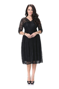 T'O Summer Plus Size Lace Dress Elegant 3/4 Sleeve V Neck Tunic Big Swing XL-7XL Casual Party Work Business Black Dresses 396