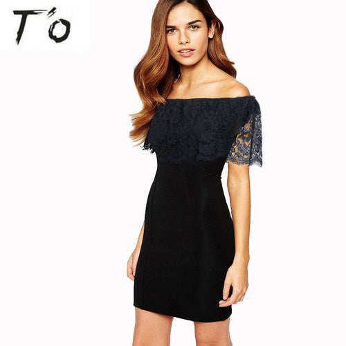 T'O Summer Sexy Slash Neck Lace Dress Off Shoulder See Through Sleeve Party Night Club Evening Above Knee Pencil Dresses 602
