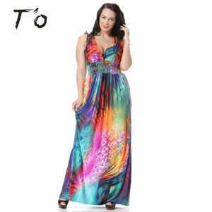 T'O Women Summer Fashion New Bohemian Chiffon Print Beach Holidays Sexy Deep V Neck Plus Size 6xl 7xl Floor Long Dresses 392