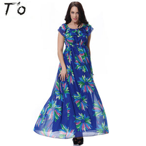 T'O Summer Plus Size Long Dress 6xl 7xl Chiffon Adjustable Neck Big Swing Maxi Beach Casual Party Floor Blue Floral Dresses 397