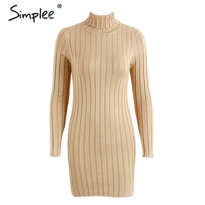 Simplee Casual turtleneck long knitted sweater dress women Cotton slim bodycon dress pullover female Autumn winter dress 2017
