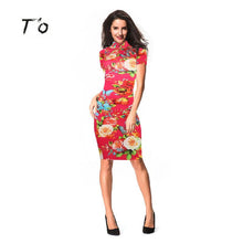 T'O 2016 New Elegant Vintage Floral Flower Print Red Blue Stand Collar Casual Party Business Bodycon Sheath Pencil Dress 258