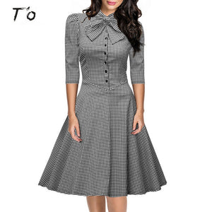 T'O New Womens Elegant Official Bow Neck Plaid Slim Half Sleeve Vintage Princess Dresses Business Party Vestidos Dress 178