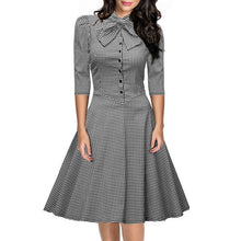 T'O New Womens Elegant Official Bow Neck Plaid Slim Half Sleeve Vintage Princess Dresses Business Party Vestidos Dress 178