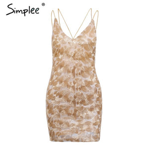 Simplee Gold embroidery strap sexy dress Women sleeveless evening party dress Christmas bodycon short dress mini vestidos