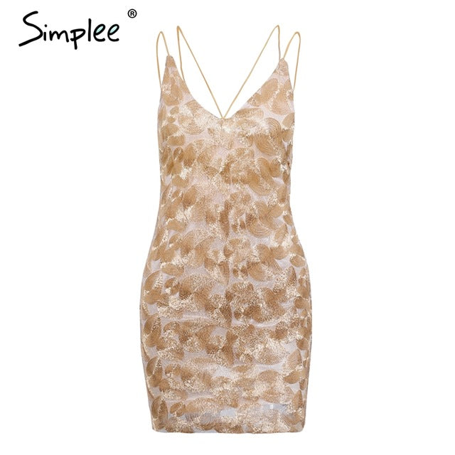 Simplee Gold embroidery strap sexy dress Women sleeveless evening party dress Christmas bodycon short dress mini vestidos