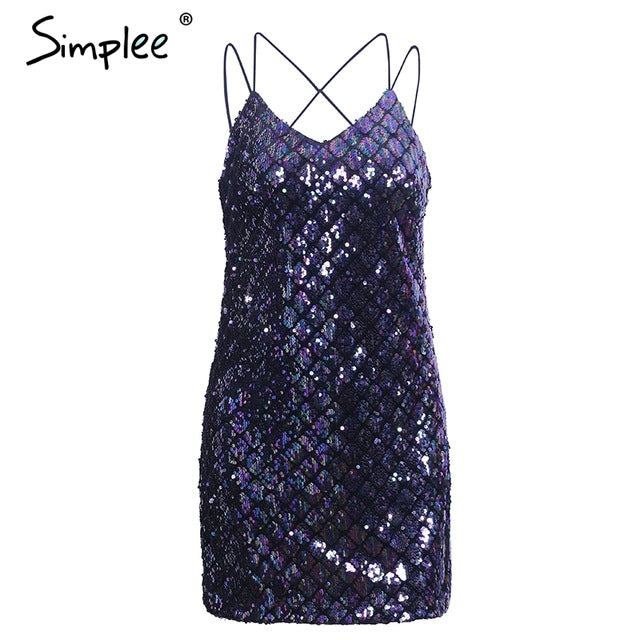 Simplee Sexy backless sequin winter dress women Strap elastic party dresses female Christmas club autumn mini dress vestidos