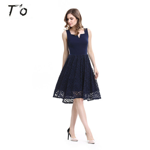 JTCWEAR Elegant Square Neck Bridesmaid Sleeveless Lace Fit and Flare Party  See Through Lace Trim Lady Swing Dress 720